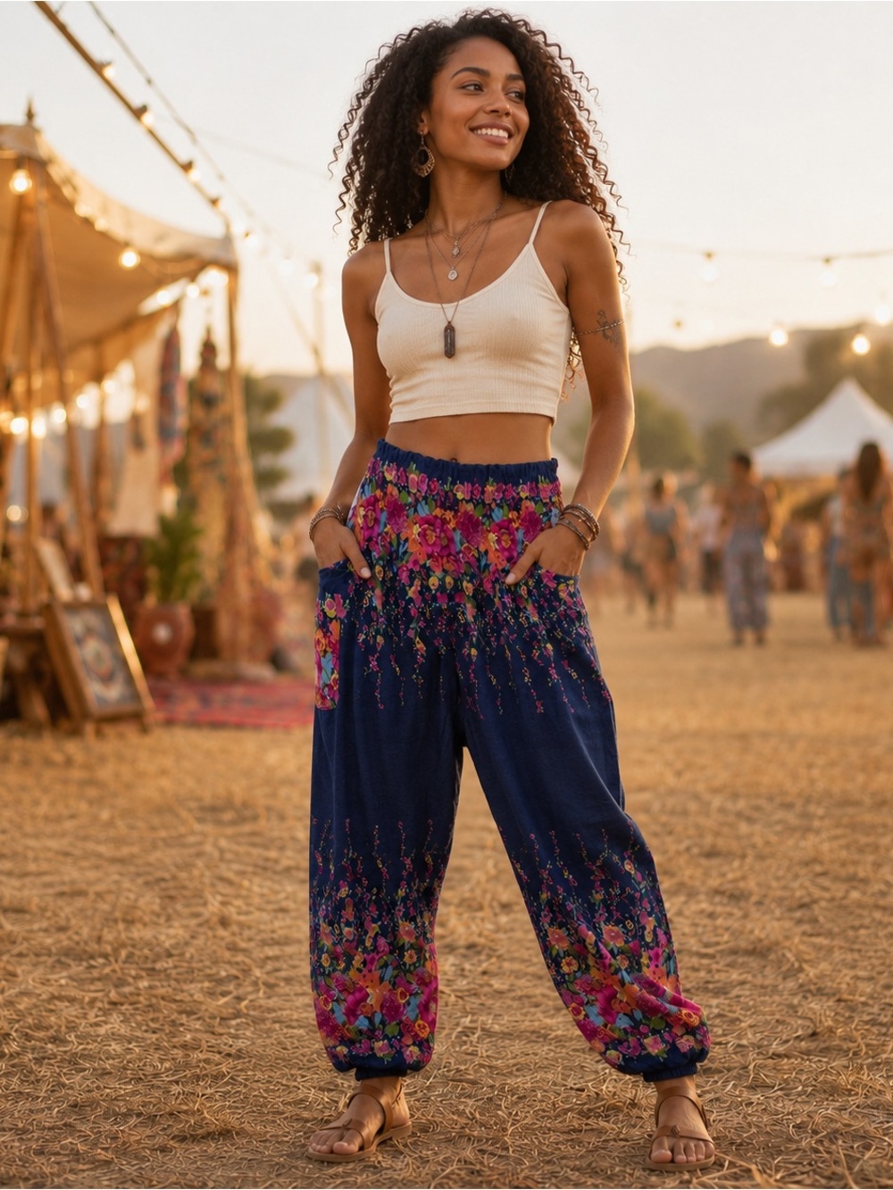 Harem Pants Thailand Floral Smocked Waist Boho Festival Jogger Pants OS Indie